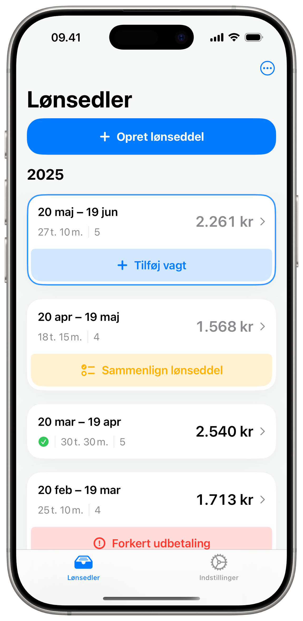 Skærmbillede af lønsedler i appen Vagter